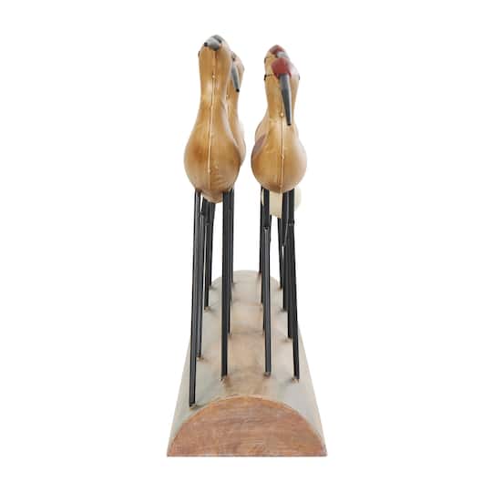 37" Brown Wood Bird Sculpture with Red Accents and Log Base